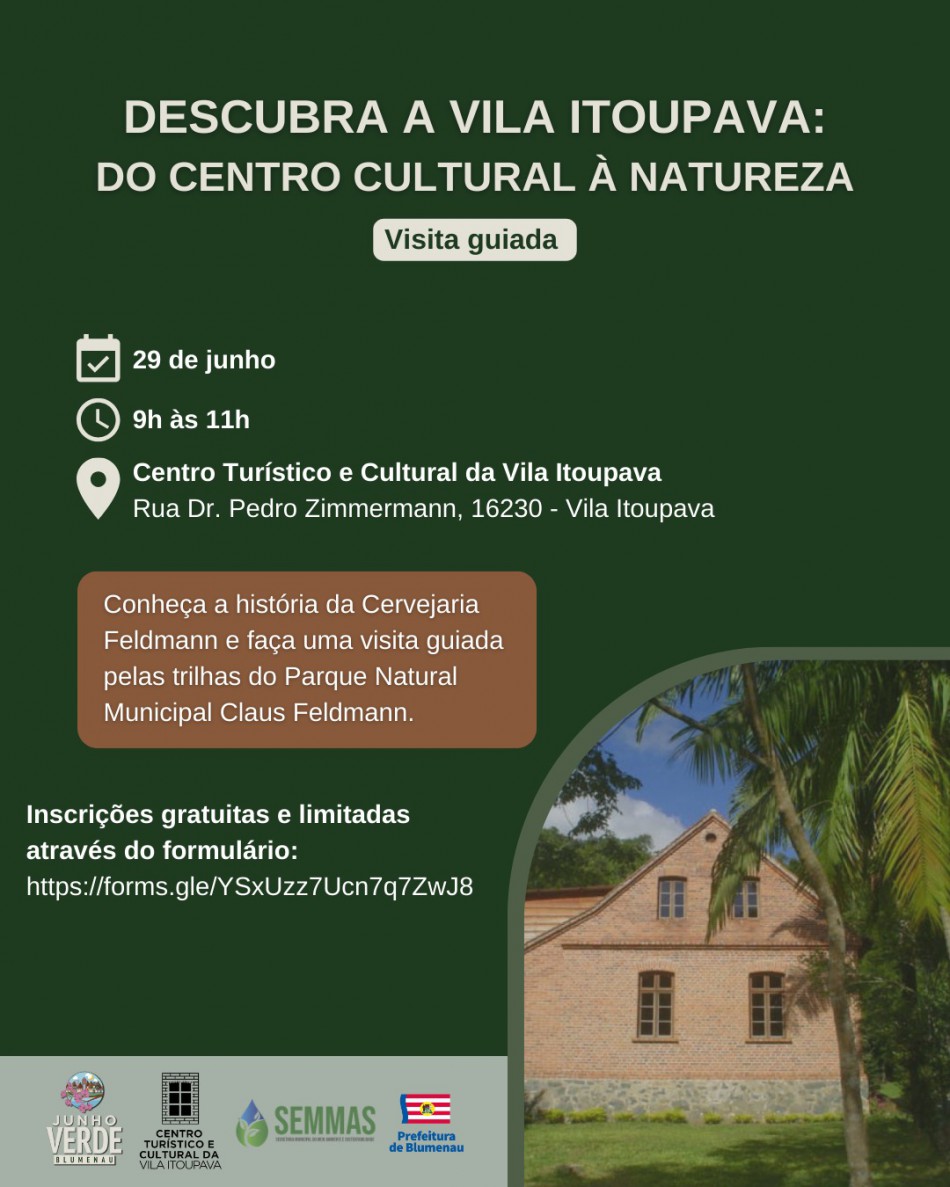 Abertas as inscrições para o evento "Descubra a  Vila Itoupava: Do Centro Cultura à Natureza"