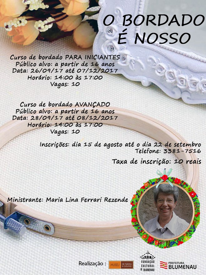 Inscrições para curso de bordado da FCBlu começam terça-feira, dia 15