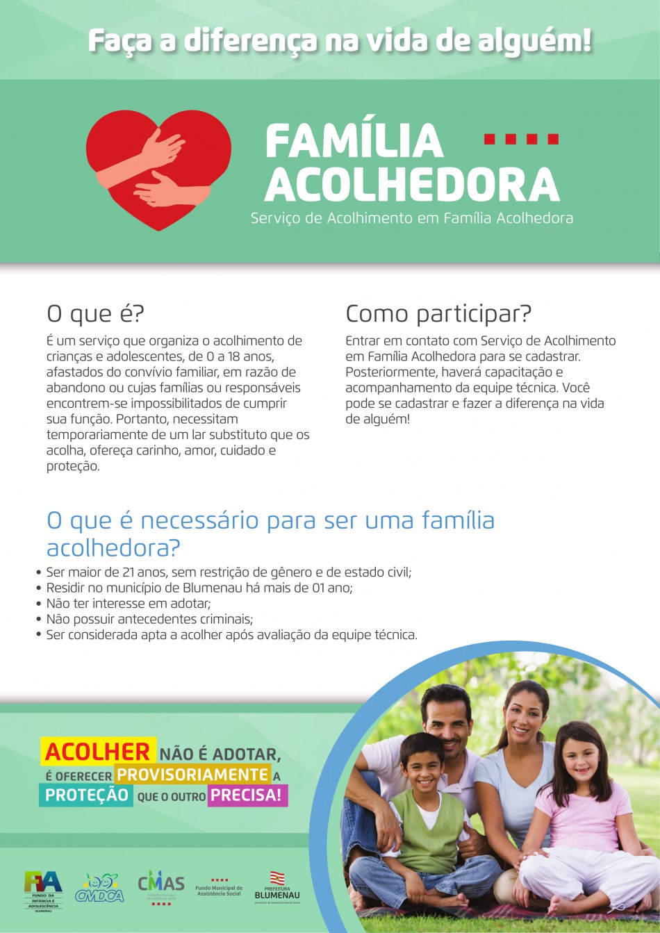 Serviço Família Acolhedora será lançado nesta quarta-feira