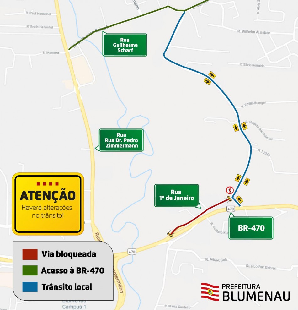 Trecho da 1º de Janeiro terá bloqueio em virtude das obras da BR-470