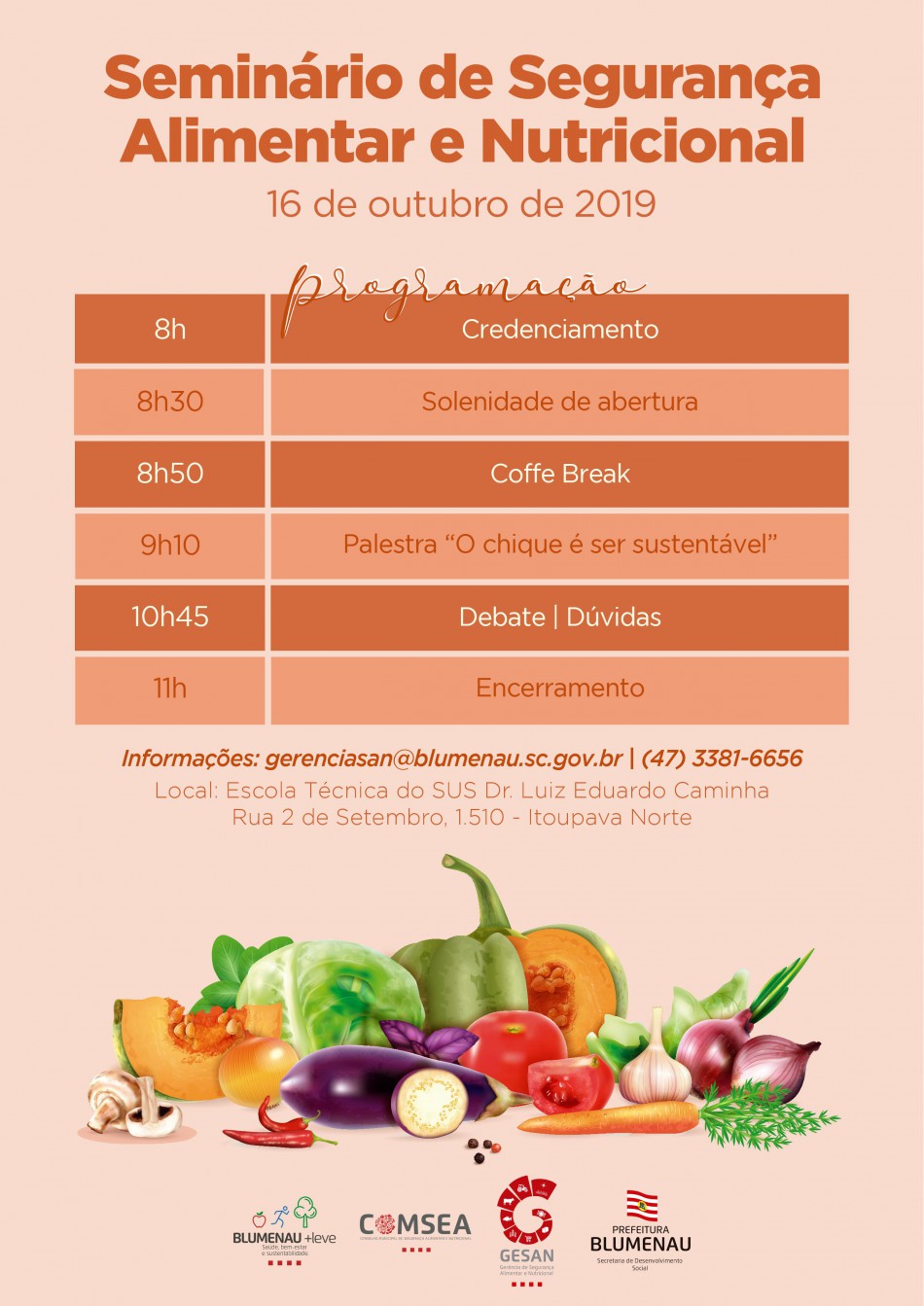 Seminário de Segurança Alimentar e Nutricional acontece nesta quarta-feira, dia 16