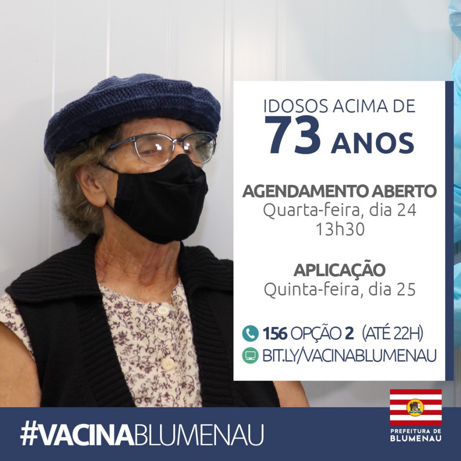 Prefeitura abre agendamento para vacinação contra Covid-19 de idosos com 73 anos ou mais