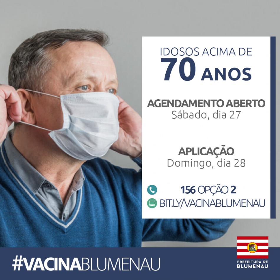 Prefeitura abre agendamento para vacinação contra Covid-19 em idosos com 70 anos ou mais