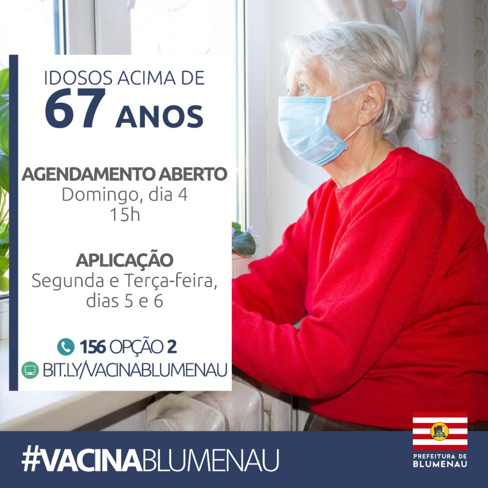 Prefeitura abre agendamento para vacinação contra Covid-19 em idosos com 67 anos ou mais