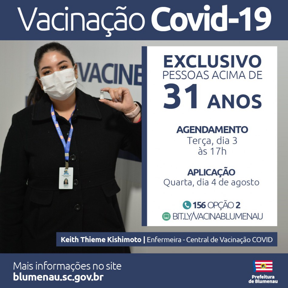 Blumenau amplia agendamento da vacina contra a Covid-19 para pessoas acima dos 31 anos