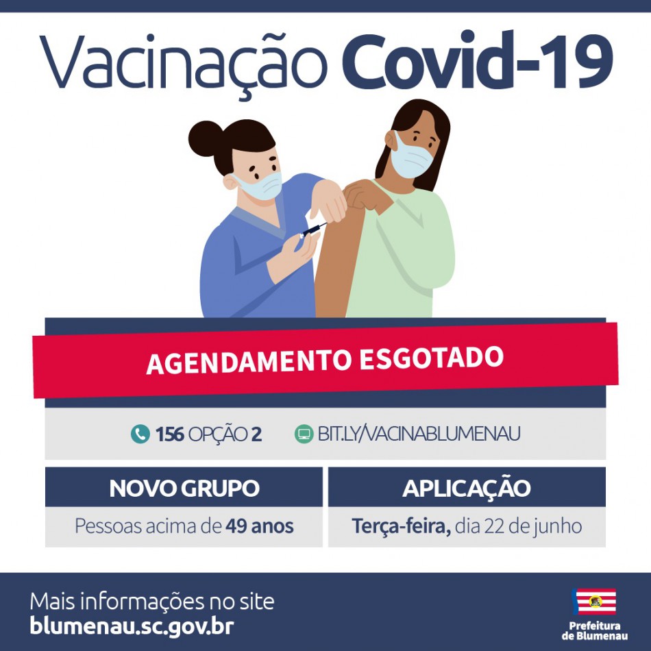 Agenda de vacinação contra a Covid-19 tem vagas esgotadas para esta terça-feira, 22, em Blumenau