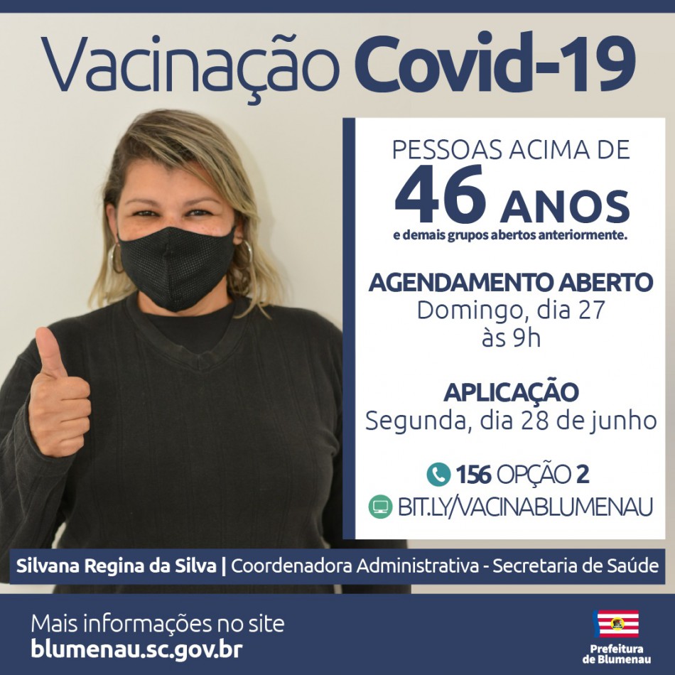 Blumenau amplia agenda de vacinação contra a Covid-19 para pessoas acima dos 46 anos