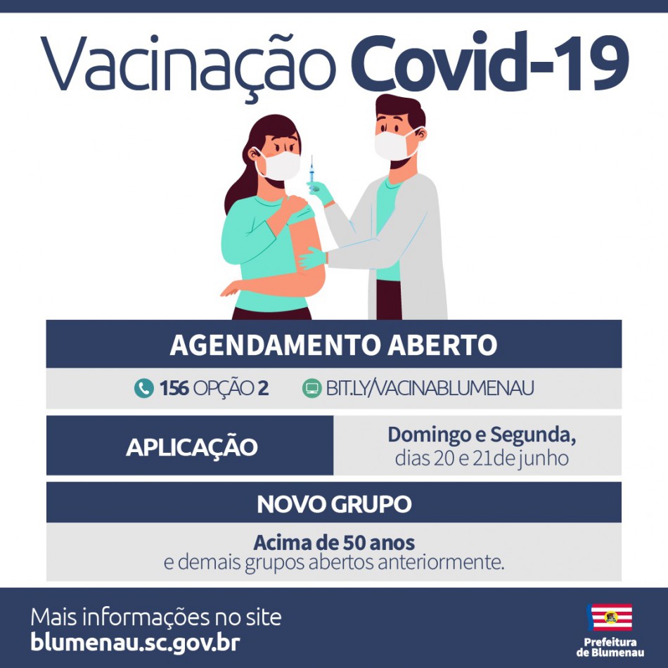 Agenda para a vacina contra a Covid-19 abre vagas para pessoas acima dos 50 anos em Blumenau