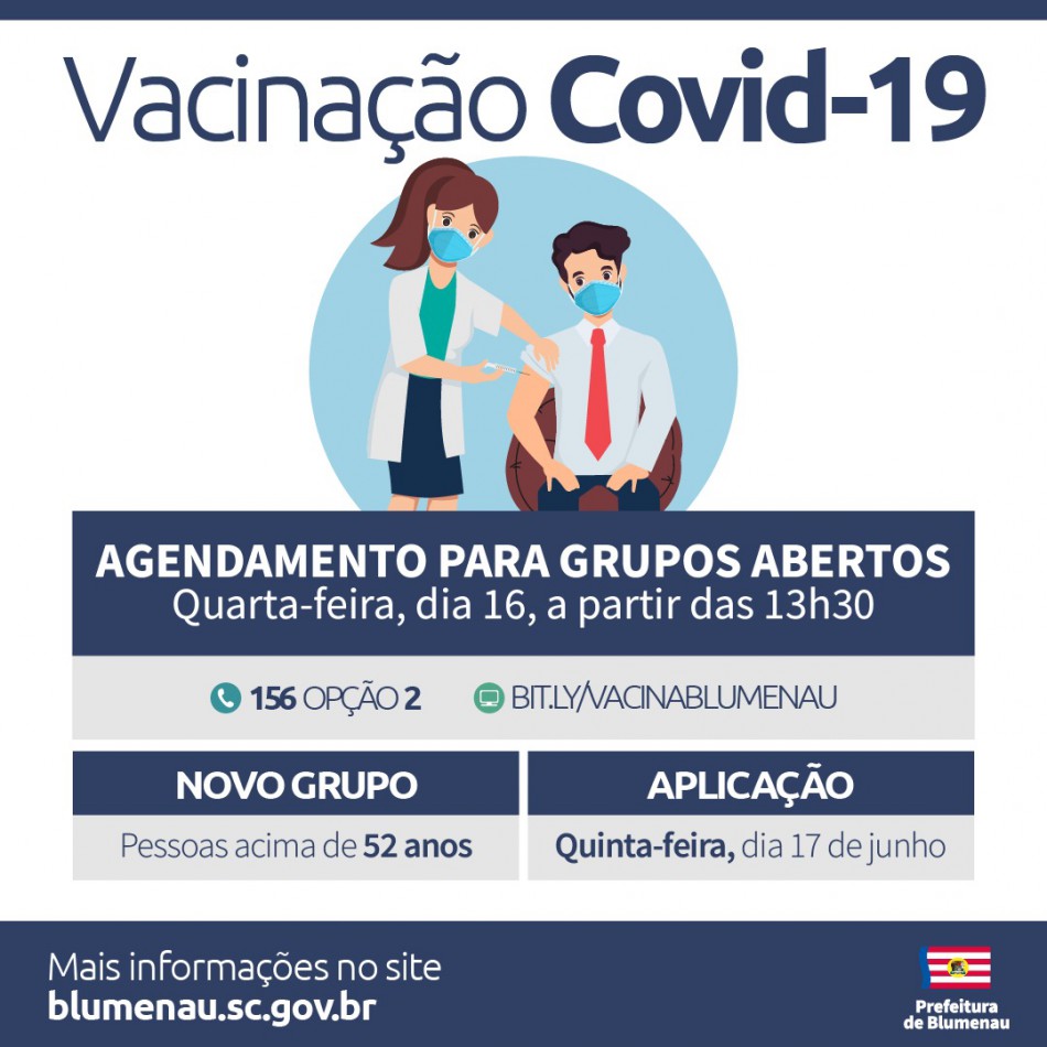 Prefeitura de Blumenau amplia vacinação contra a Covid-19 para pessoas acima dos 52 anos