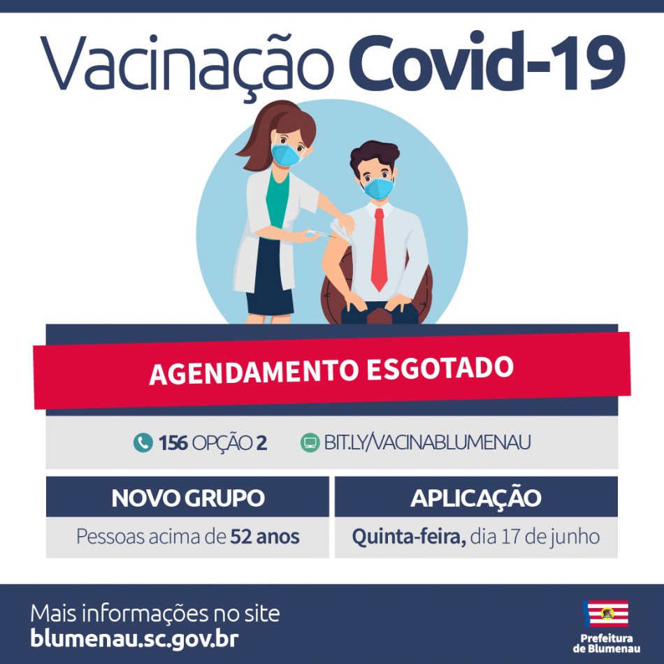 Agenda de vacinação contra a Covid-19 tem vagas esgotadas para esta quinta-feira, 17, em Blumenau