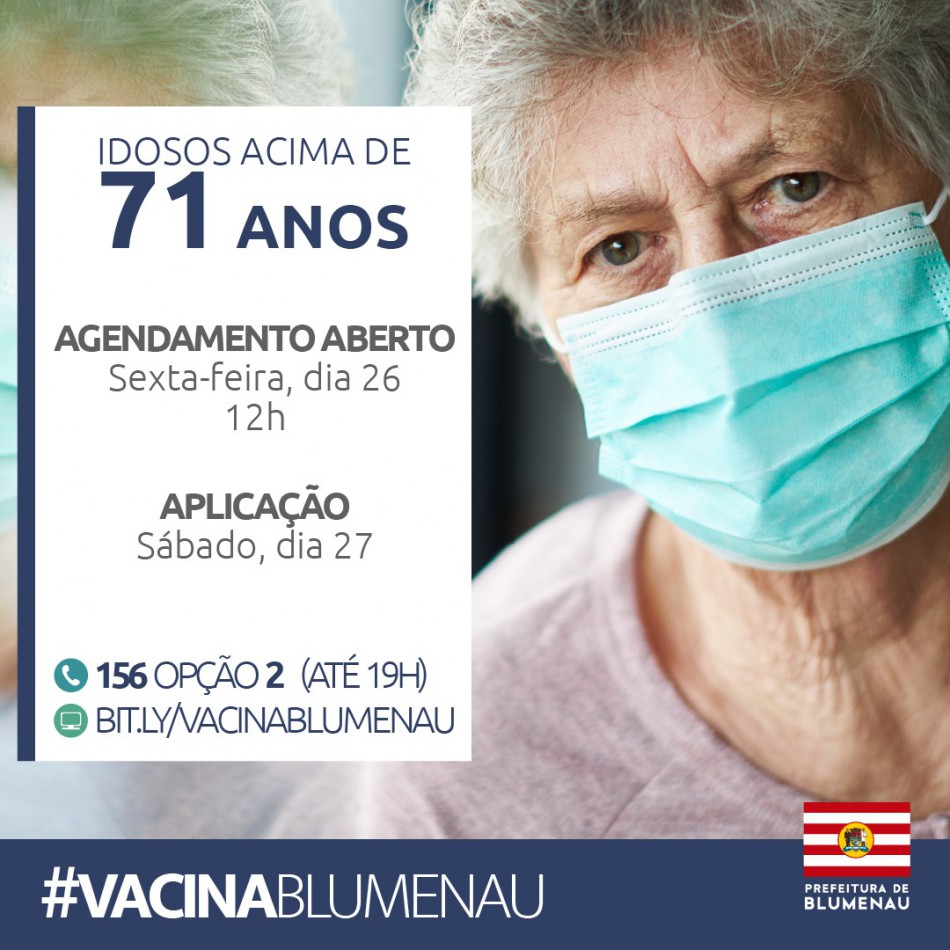 Prefeitura abre agendamento para vacinação contra Covid-19 em idosos com 71 anos ou mais