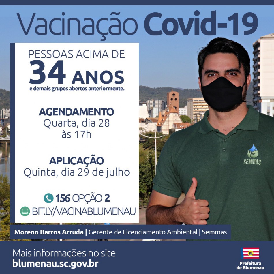Blumenau reabre agendamento da vacina contra a Covid-19 para pessoas acima dos 34 anos e outros grupos