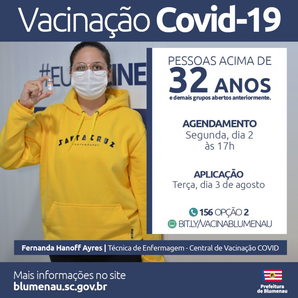 Blumenau reabre agendamento da vacina contra a Covid-19 para pessoas acima dos 32 anos e outros grupos