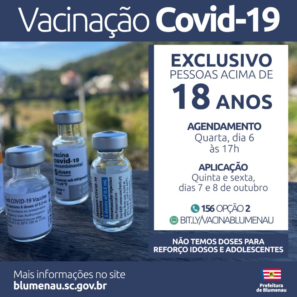 Blumenau disponibiliza novas vagas de agendamento da vacina contra a Covid-19 para população adulta