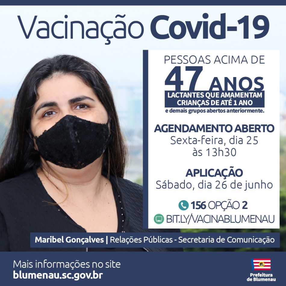 Blumenau amplia agenda de vacinação contra a Covid-19 para pessoas acima dos 47 anos e lactantes que amamentam bebês até um ano
