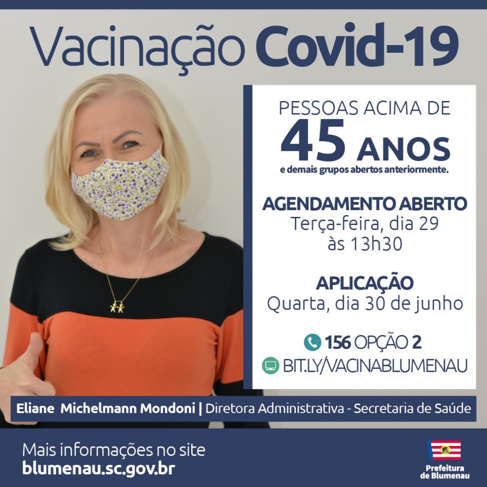 Blumenau amplia agenda de vacinação contra a Covid-19 para pessoas acima dos 45 anos