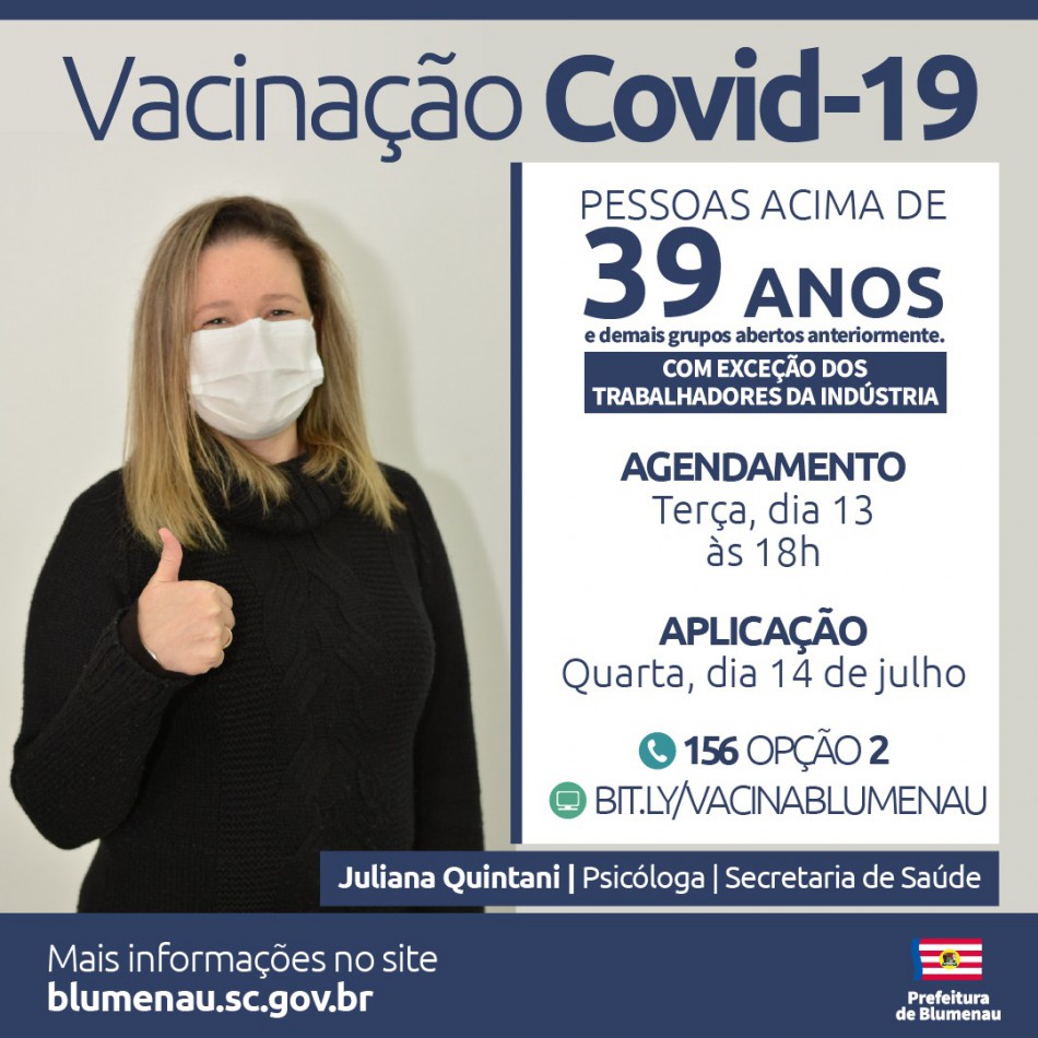 Blumenau reabre vacinação contra a Covid-19 para pessoas acima dos 39 anos