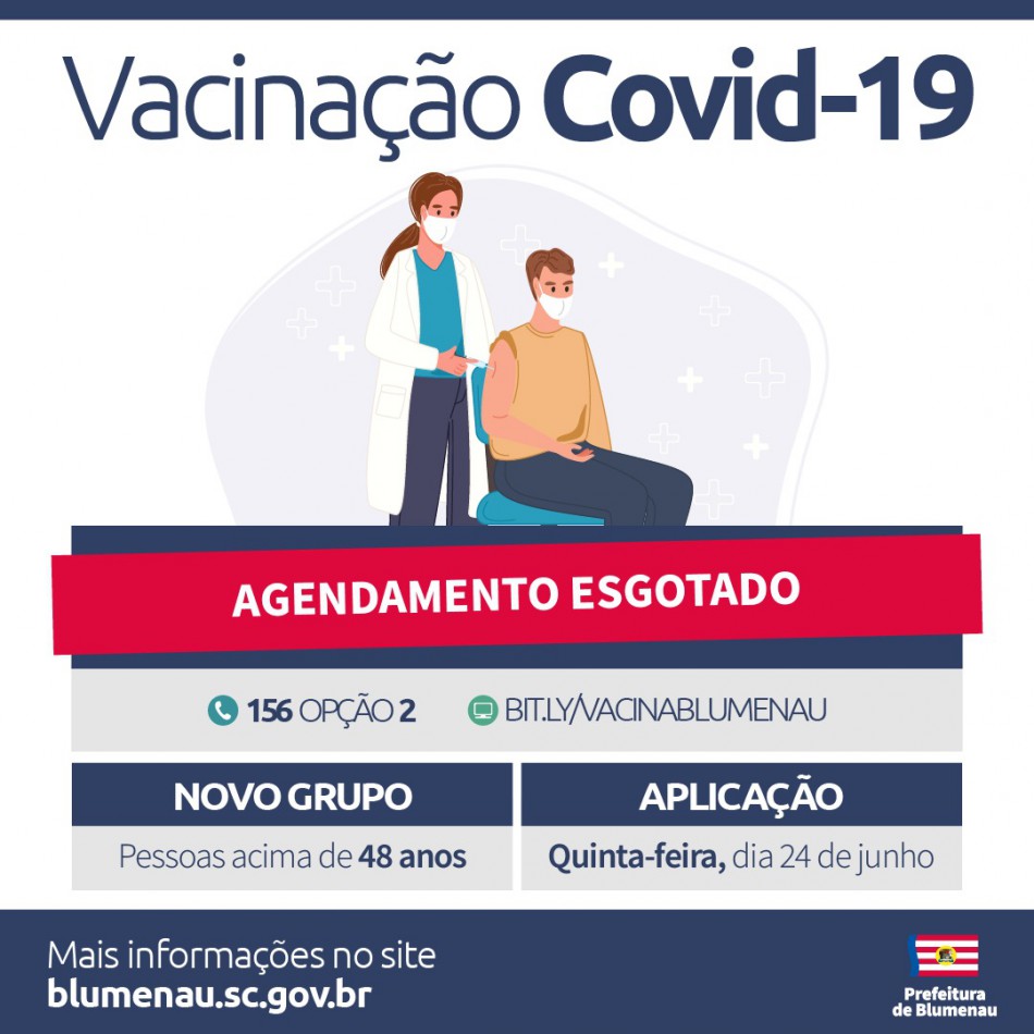 Agenda de vacinação contra a Covid-19 para quinta-feira, 24, tem vagas preenchidas em Blumenau
