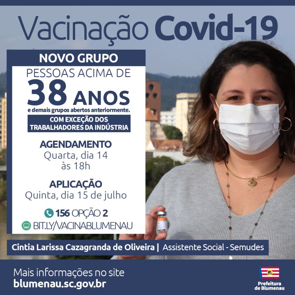 Blumenau amplia vacinação contra a Covid-19 para pessoas acima dos 38 anos
