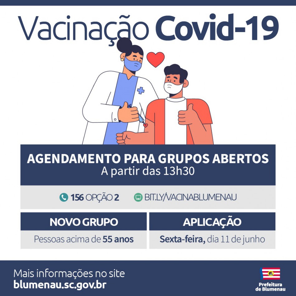 Prefeitura de Blumenau amplia vacinação contra a Covid-19 para pessoas acima dos 55 anos