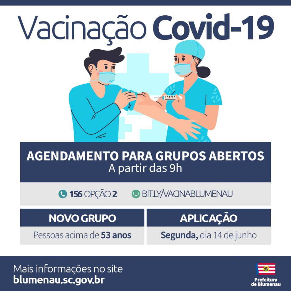 Agenda para vacinação contra a Covid-19 chega aos 53 anos em Blumenau