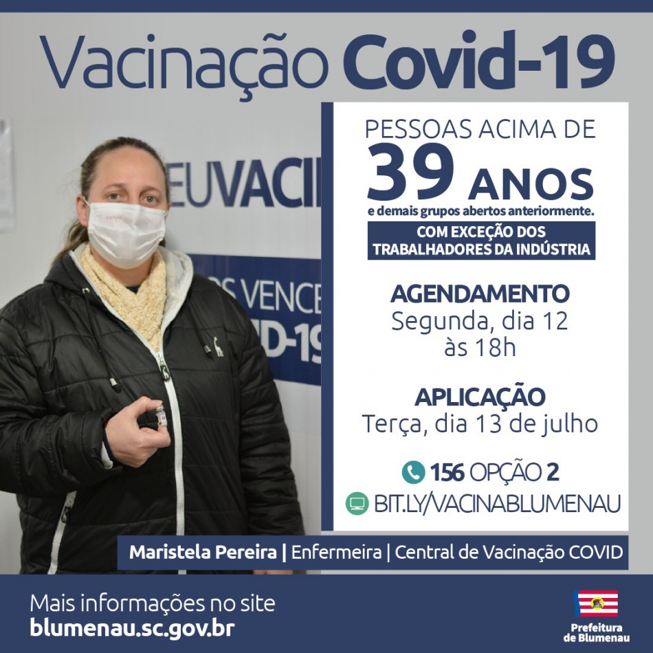 Blumenau reabre vacinação contra a Covid-19 para pessoas acima dos 39 anos e trabalhadores da saúde