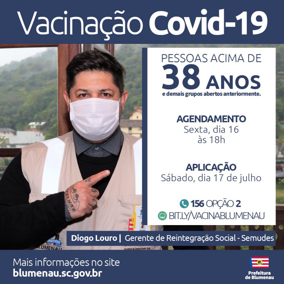 Blumenau reabre agendamento de vacinação contra a Covid-19 para pessoas acima dos 38 anos e trabalhadores da indústria