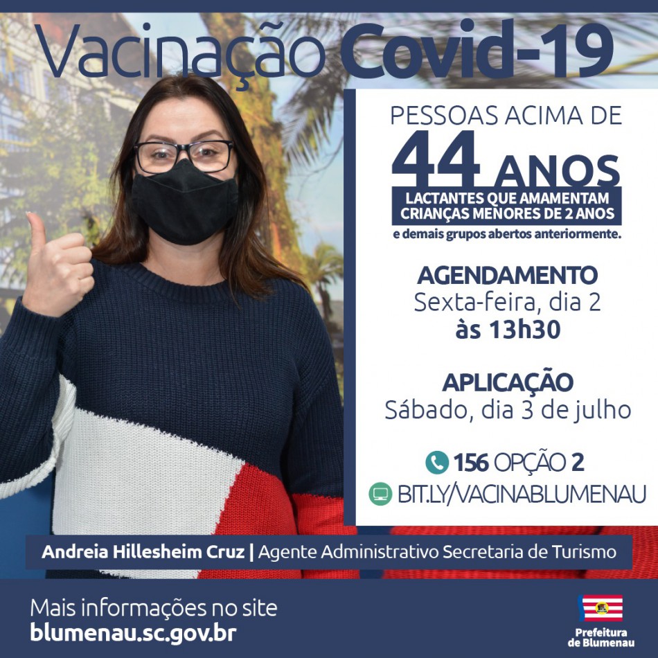 Blumenau abre agenda de vacinação contra a Covid-19 para pessoas acima dos 44 anos e lactantes que amamentam bebês menores de dois anos