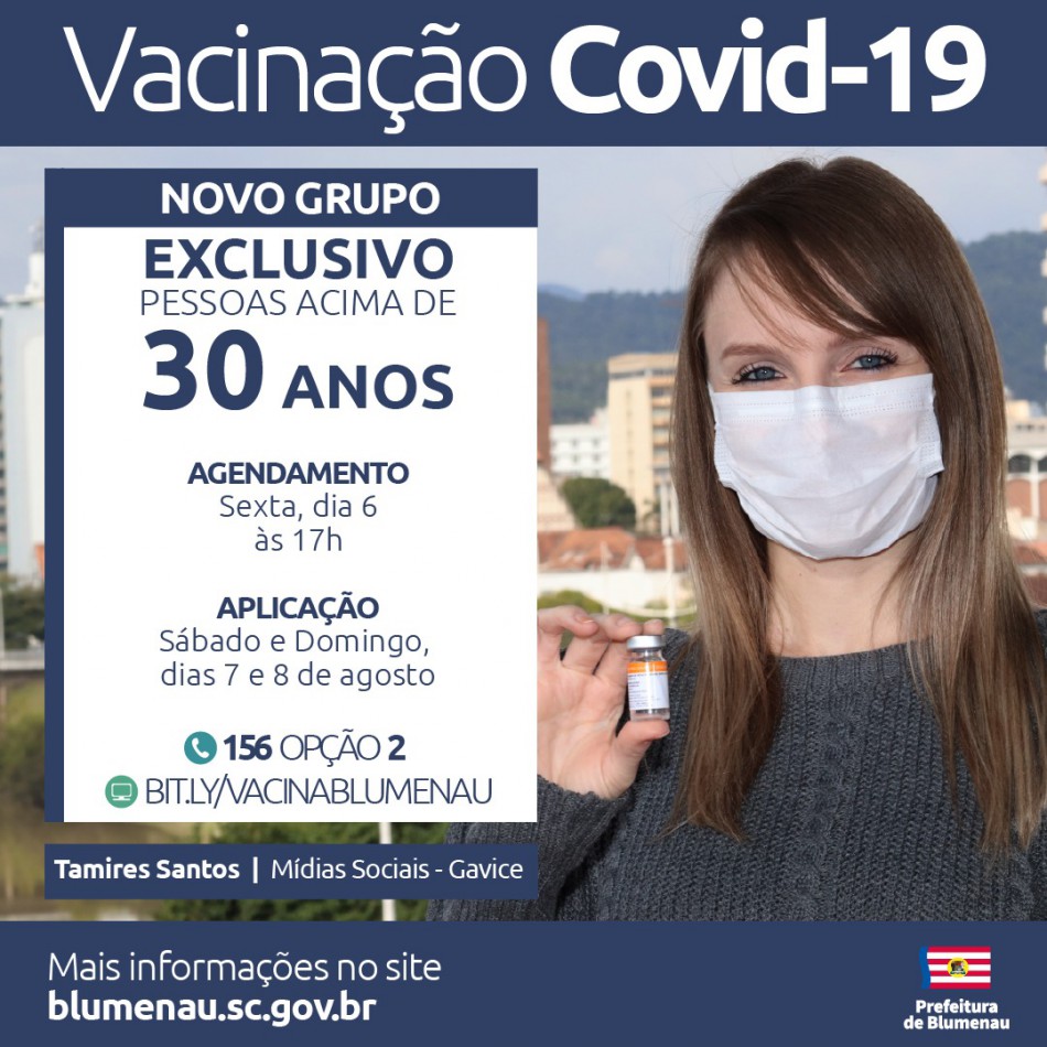 Blumenau amplia agendamento da vacina contra a Covid-19 para pessoas acima dos 30 anos