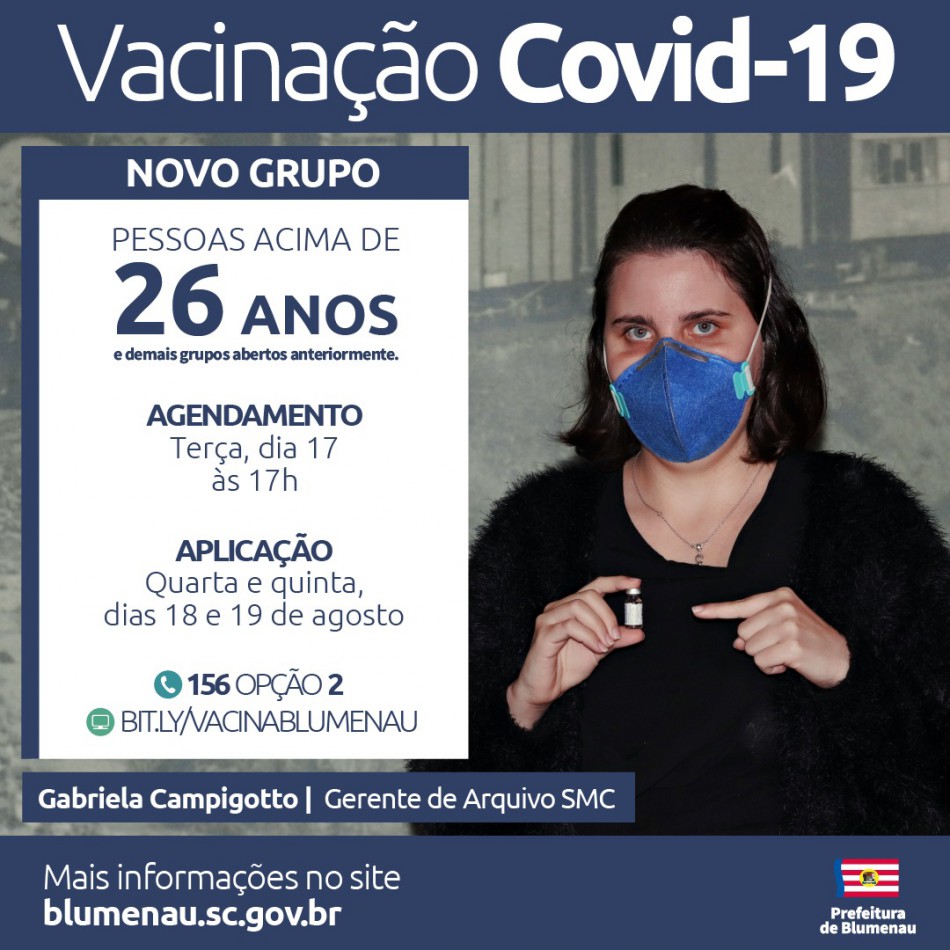 Blumenau amplia agendamento da vacina contra a Covid-19 para pessoas acima dos 26 anos e outros grupos