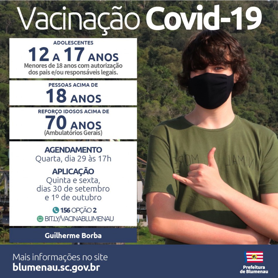 Blumenau amplia agendamento da vacina contra a Covid-19 para pessoas acima de 12 anos, população adulta e reforço para pessoas acima de 70 anos