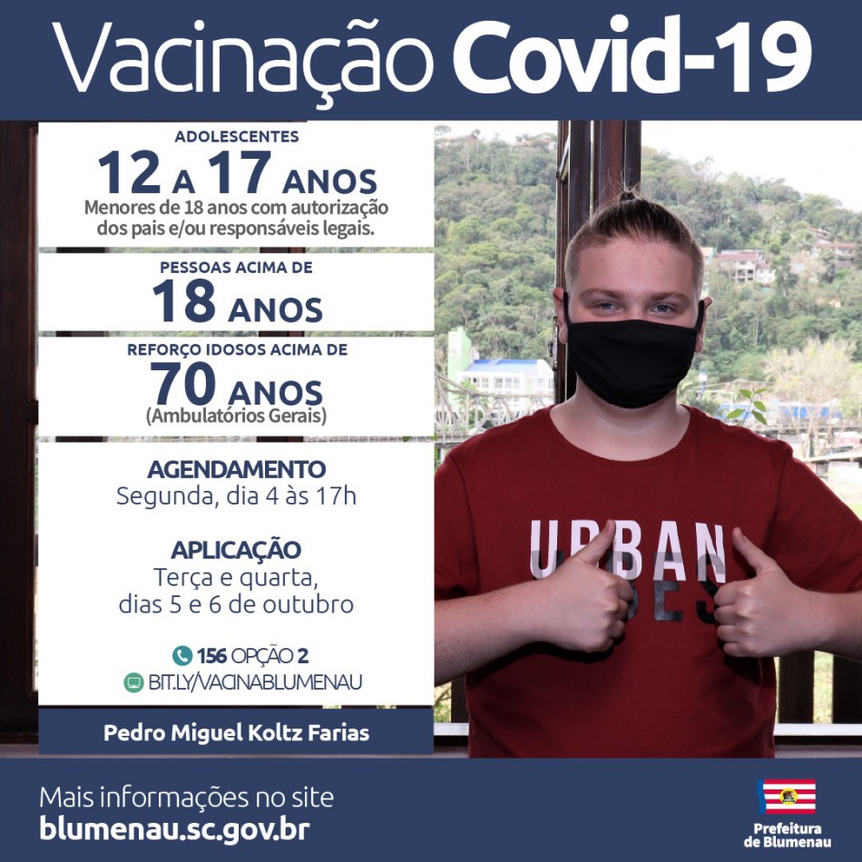 Blumenau reabre agendamento da vacina contra a Covid-19 para pessoas acima de 12 anos, população adulta e reforço para pessoas acima de 70 anos