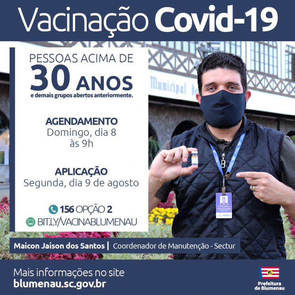 Blumenau reabre agendamento da vacina contra a Covid-19 para pessoas acima dos 30 anos e outros grupos
