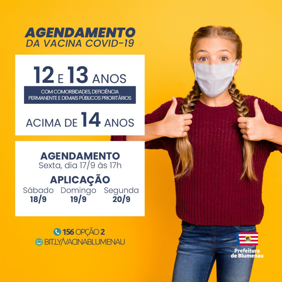 Blumenau amplia agendamento da vacina contra a Covid-19 para pessoas acima de 14 anos, adolescentes de grupos específicos e população adulta