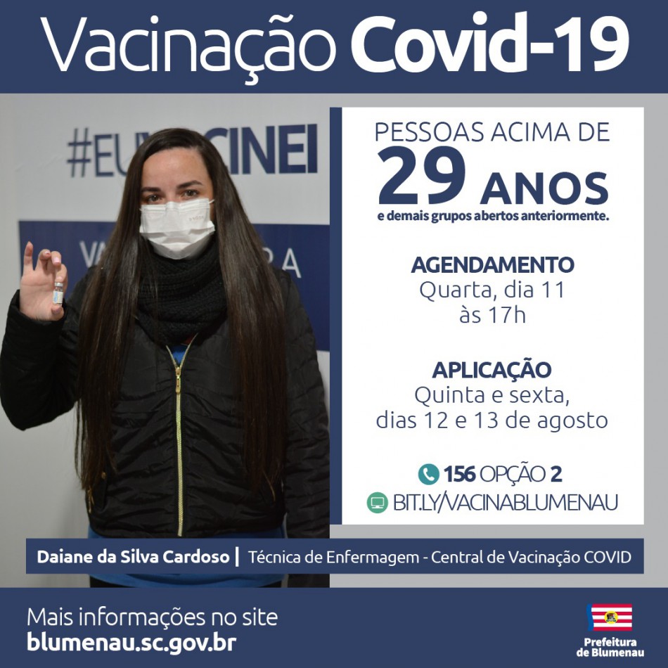 Blumenau reabre agendamento da vacina contra a Covid-19 para pessoas acima dos 29 anos e outros grupos