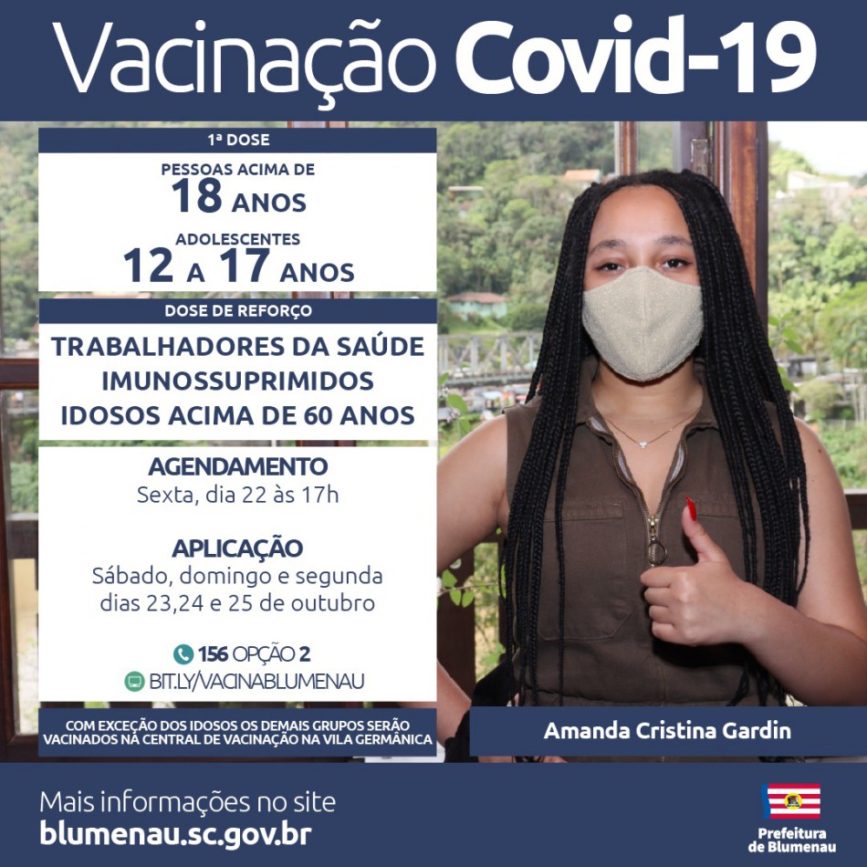 Blumenau reabre agendamento da vacina contra a Covid-19 para adolescentes, dose de reforço para idosos acima de 60 anos e outros grupos