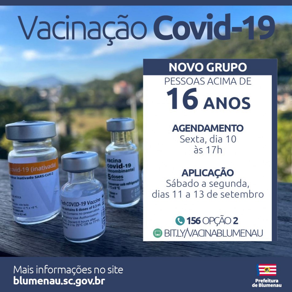 Blumenau amplia agendamento da vacina contra a Covid-19 para pessoas acima dos 16 anos