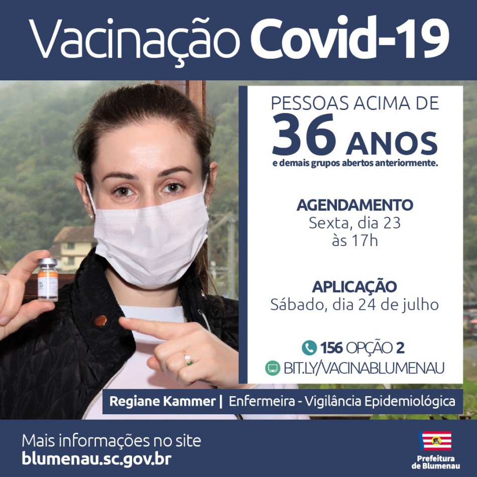 Blumenau reabre agendamento da vacina contra a Covid-19 para pessoas acima dos 36 anos e trabalhadores da indústria