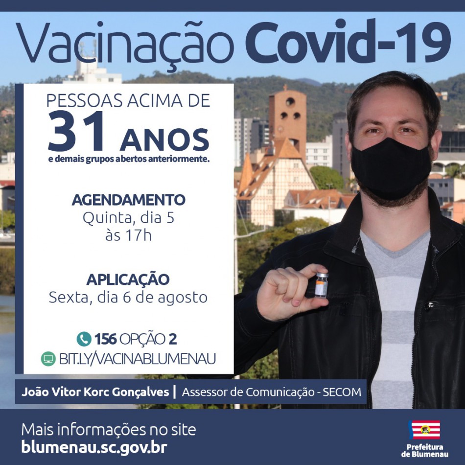 Blumenau reabre agendamento da vacina contra a Covid-19 para pessoas acima dos 31 anos e outros grupos