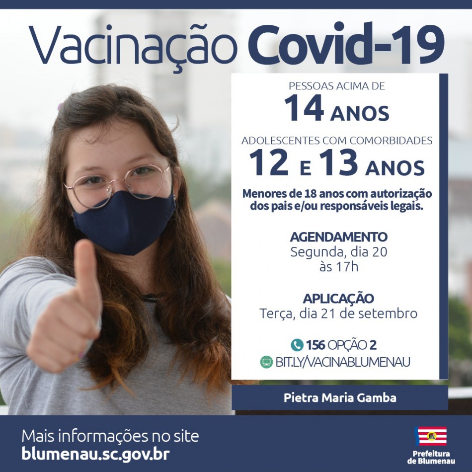 Blumenau reabre agendamento da vacina contra a Covid-19 para pessoas acima de 14 anos, adolescentes de grupos específicos e população adulta