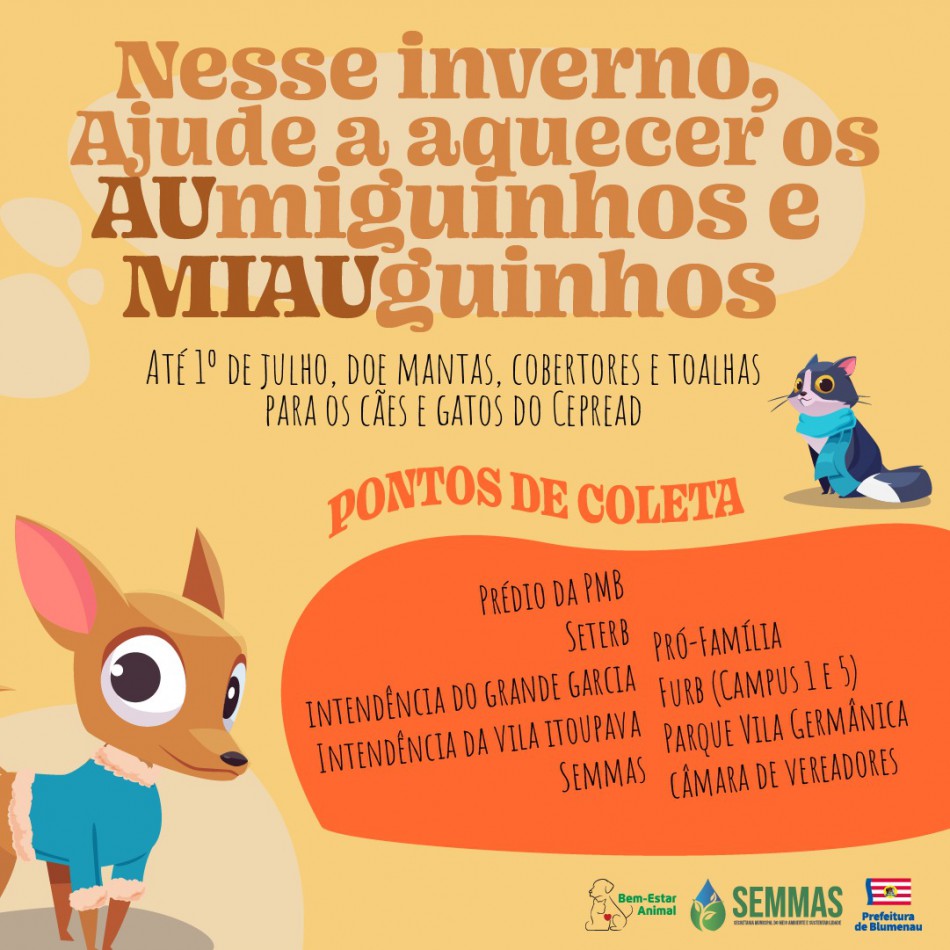 Campanha do Agasalho Animal encerra dia 30 de junho em Blumenau