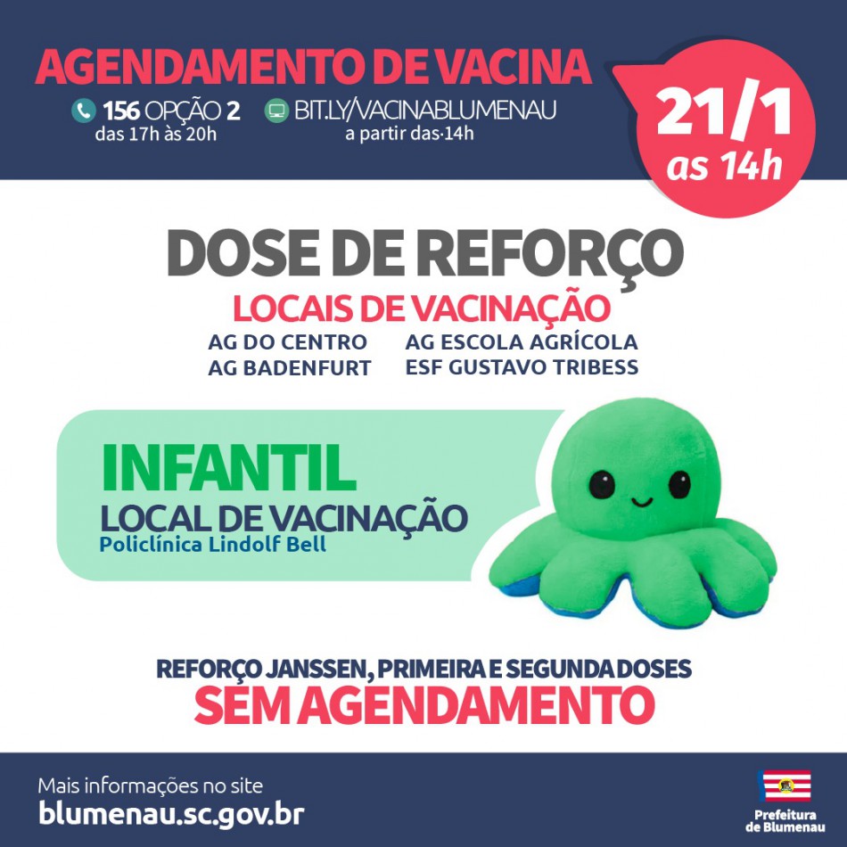 Covid-19: Blumenau reabre agendamento para dose de reforço e amplia vacinação pediátrica para 10 anos, além de crianças de 5 a 11 anos com comorbidades e deficiência permanente