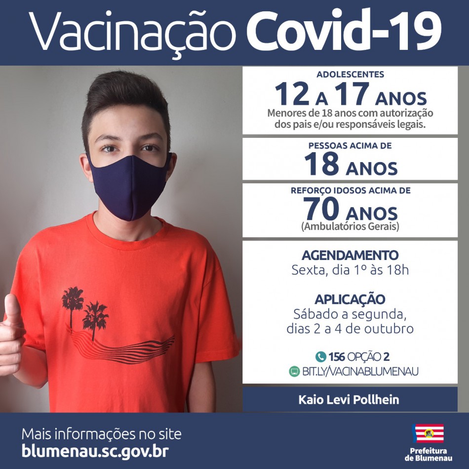 Blumenau reabre agendamento da vacina contra a Covid-19 para pessoas acima de 12 anos, população adulta e reforço para pessoas acima de 70 anos