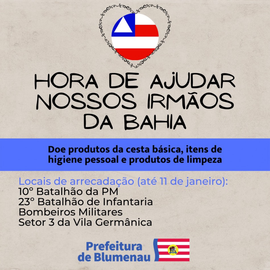 Município posterga arrecadação de donativos à Bahia até o dia 11 de janeiro 
