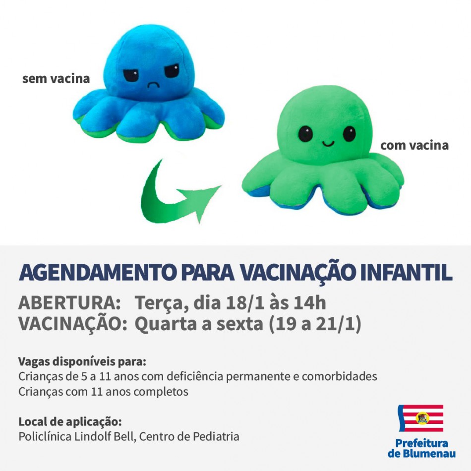 Covid-19: Blumenau reabre agendamento para vacinar crianças de 5 a 11 anos com comorbidades e deficiências, além daquelas com 11 anos