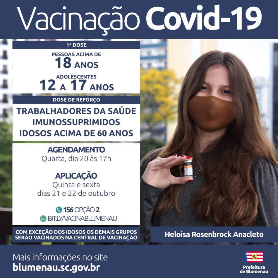 Blumenau amplia agendamento da vacina contra a Covid-19 para adolescentes, dose de reforço para idosos acima de 60 anos e outros grupos