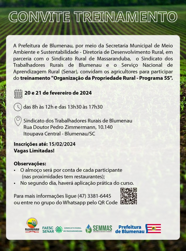 Inscrições para o treinamento "Organização da Propriedade Rural  Programa 5S" encerram dia 15 de fevereiro