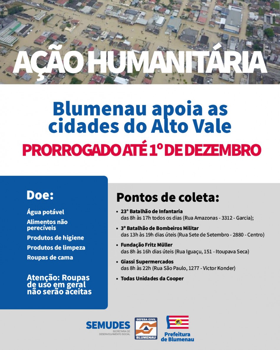 Prefeitura prorroga campanha em prol do Alto Vale até dia 1º de dezembro  