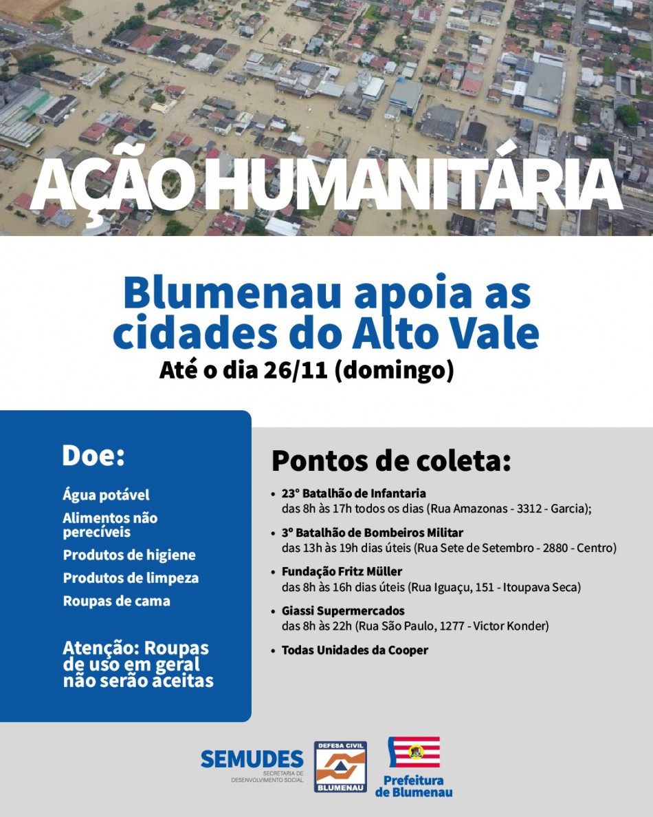 Prefeitura de Blumenau lança campanha de arrecadação para as cidades do Alto Vale
