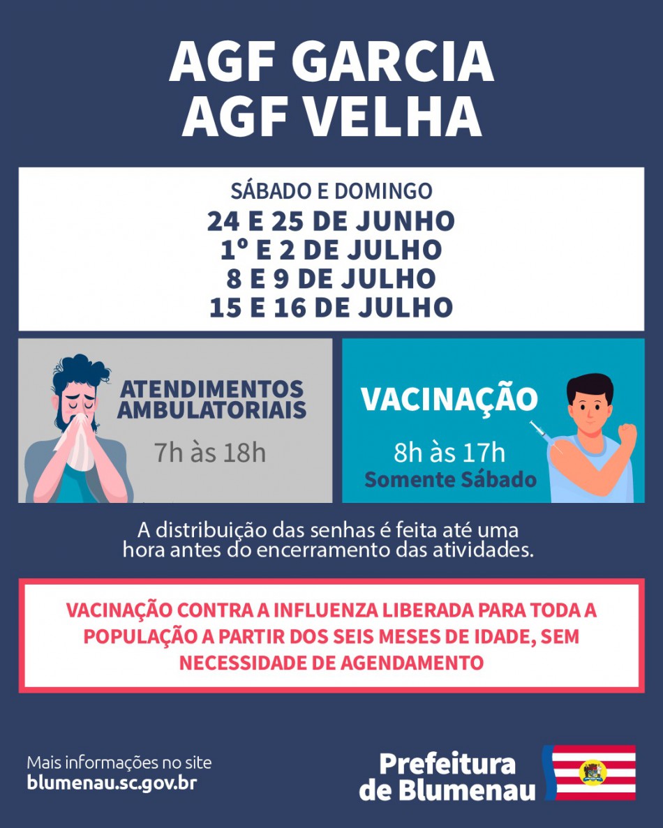 Atendimento ambulatorial dos próximos quatro fins de semana segue nos AGFs Garcia e Velha